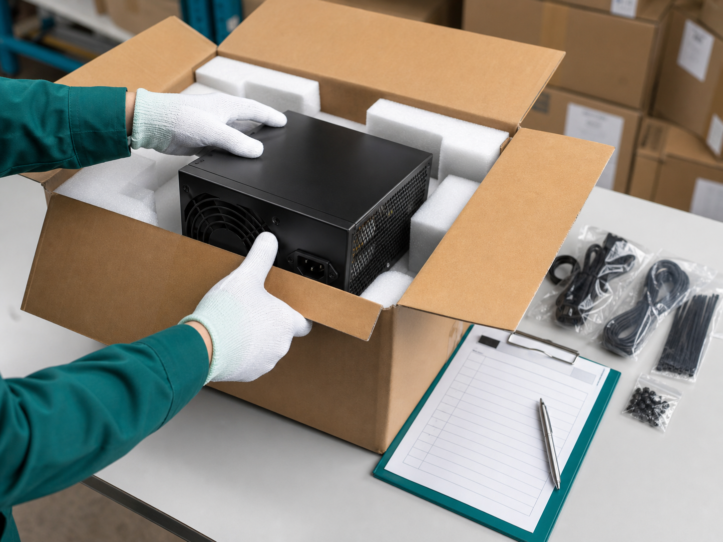 Customer unboxing and inspecting a delivered PC power supply