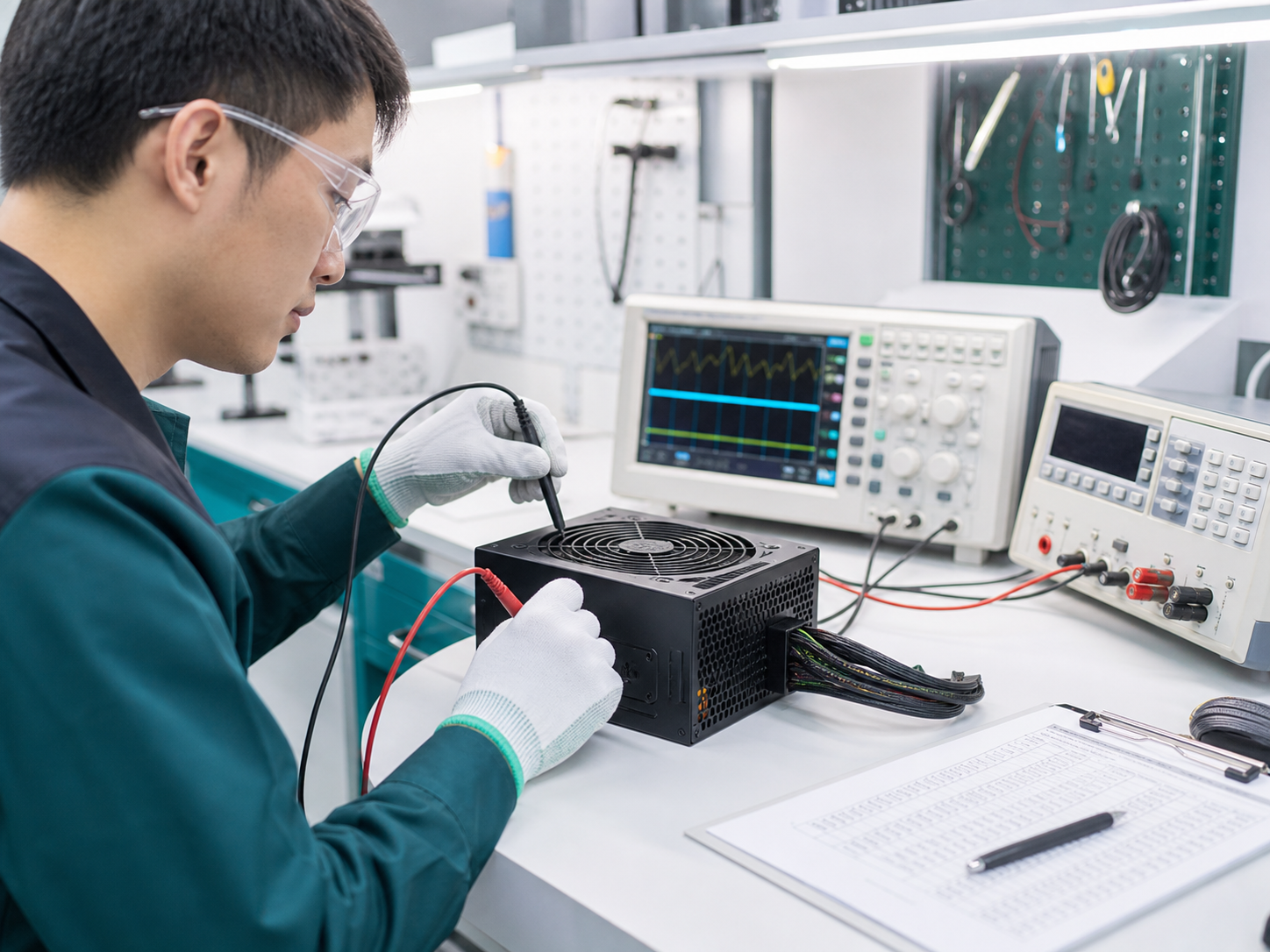 PC power supply undergoing laboratory quality testing