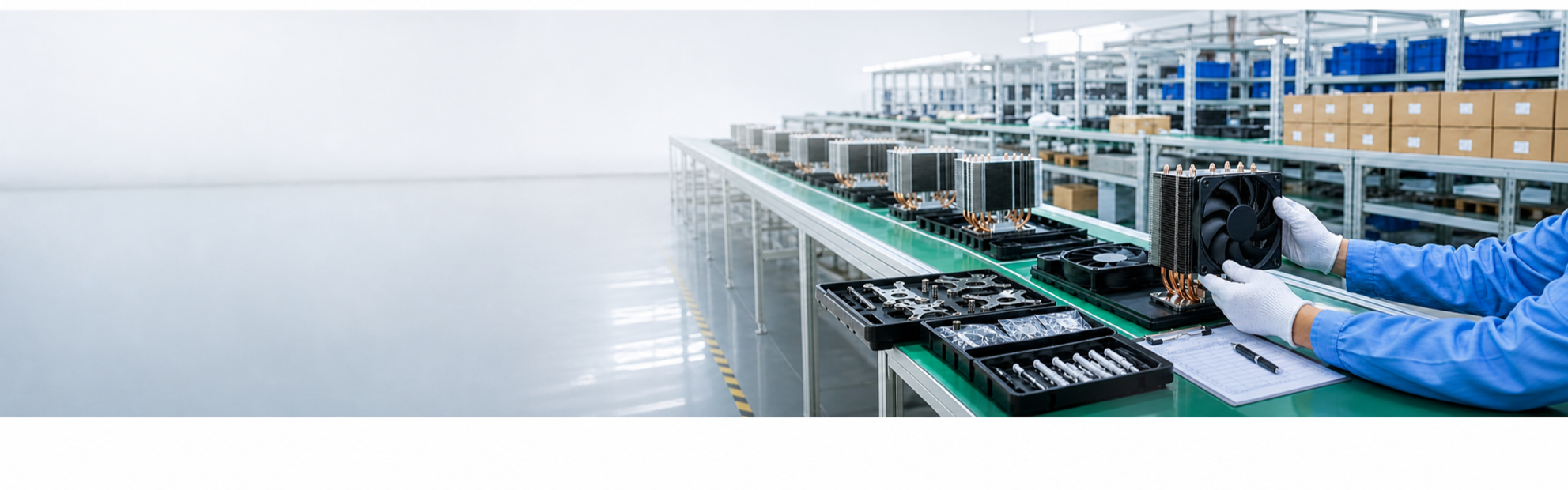 Six-heat-pipe tower CPU cooler production and quality-control factory