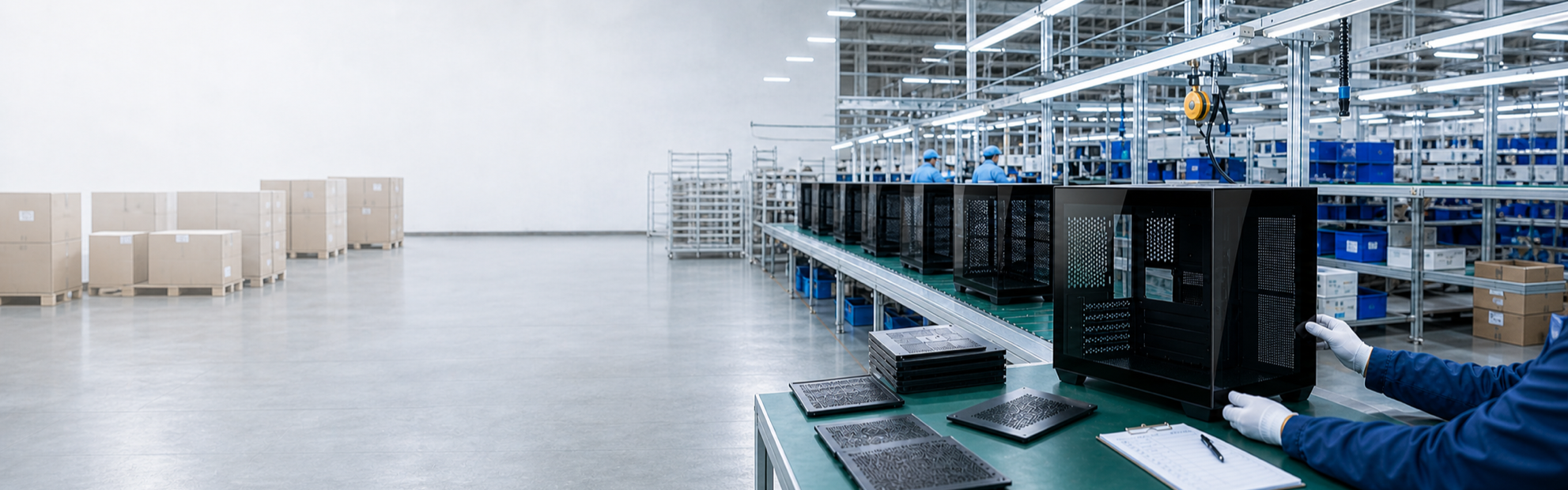 X2 panoramic dual-chamber PC cases on an OEM factory production line