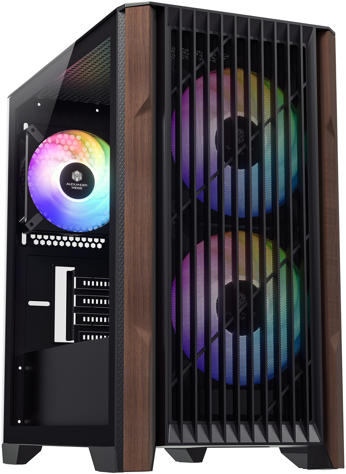 JnP A08 black and wood M-ATX PC case in a complete front three-quarter view