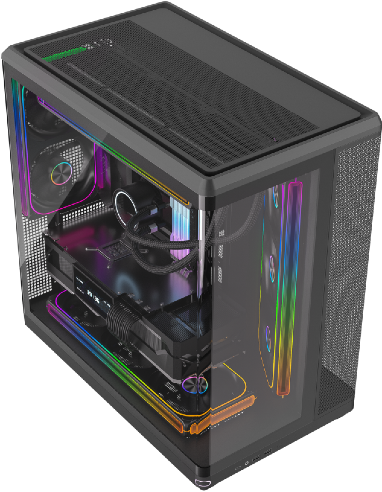 JnP AW F04 black panoramic ATX PC case in angled view
