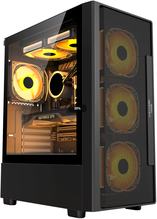 JnP C02 black E-ATX airflow PC case in a complete three-quarter view