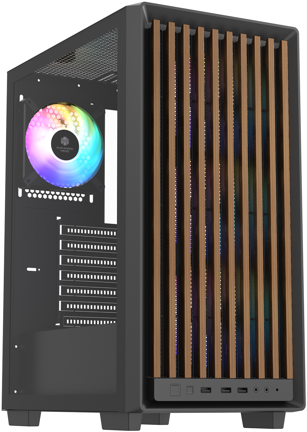 JnP C112 black and wood ATX PC case in a complete front three-quarter view