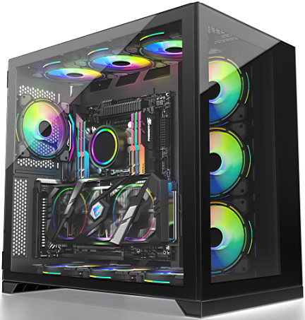 JnP C703TG black panoramic ATX PC case in a complete front three-quarter view