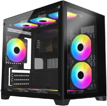 JnP C704-1 black panoramic M-ATX PC case in a complete three-quarter view