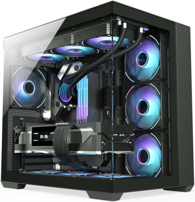 JnP C708-1 black back-connect ATX PC case in a complete three-quarter view