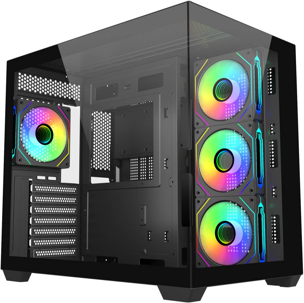JnP C713 black panoramic ATX PC case in a complete three-quarter view