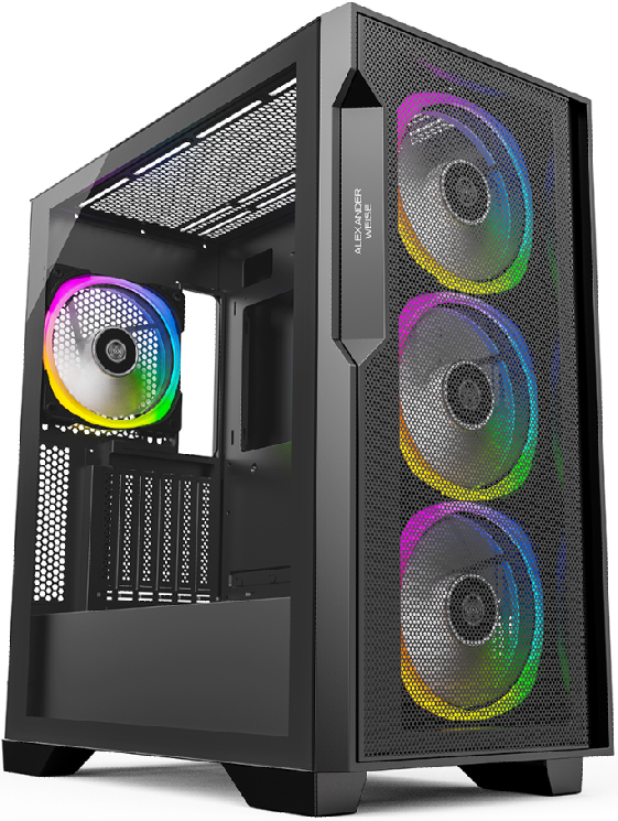 JnP CL01A black E-ATX PC case in a complete low three-quarter view