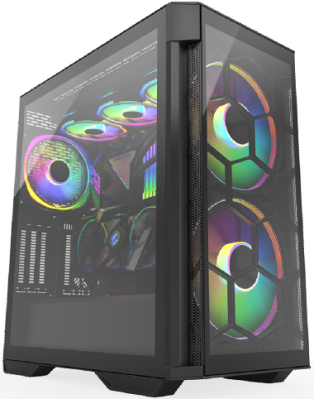 JnP CS01 black E-ATX PC case in a complete low three-quarter view