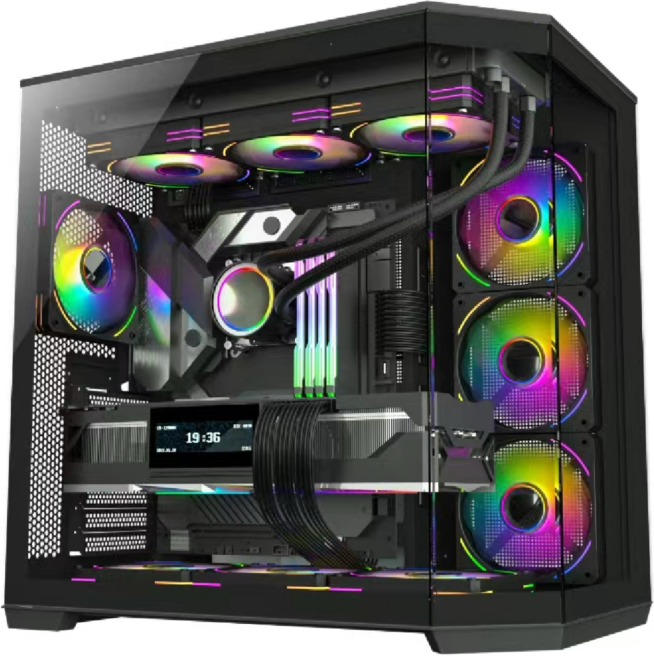 JnP D60 black back-connect ATX PC case in a complete front three-quarter view
