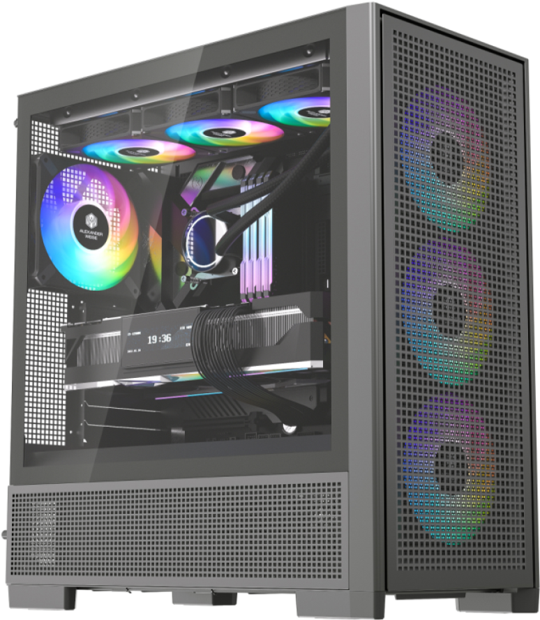 JnP E01-TG black back-connect E-ATX PC case in a complete front three-quarter view
