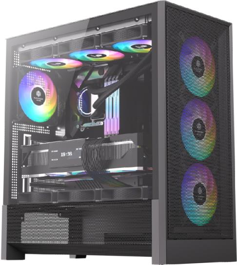 JnP G03 black airflow-mesh E-ATX PC case in a complete low three-quarter view