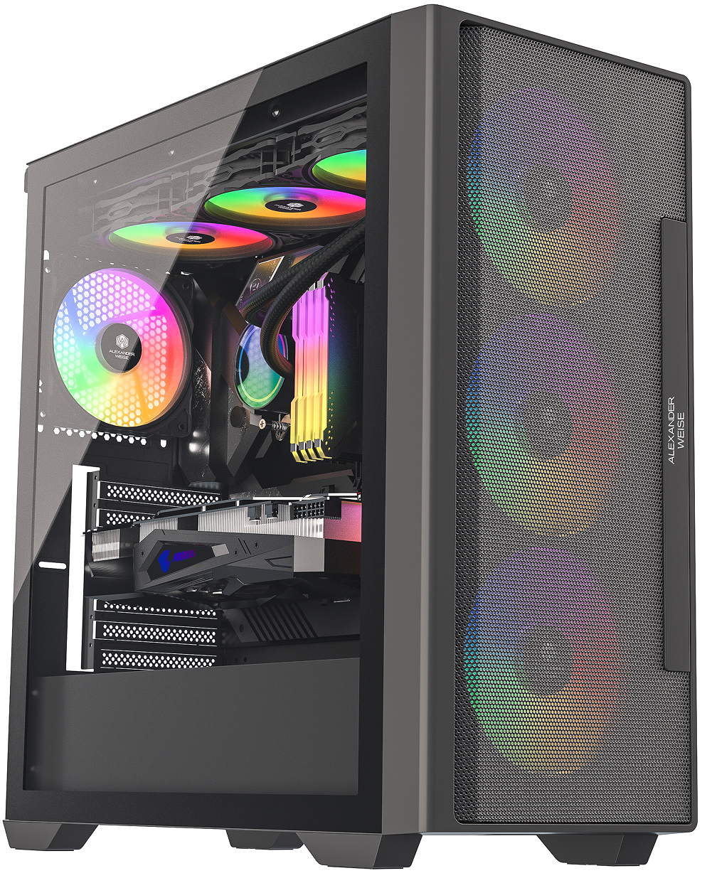 JnP K02 black E-ATX airflow PC case in a complete three-quarter view