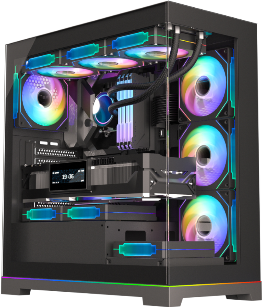 JnP Prism black panoramic ATX PC case in a complete three-quarter view