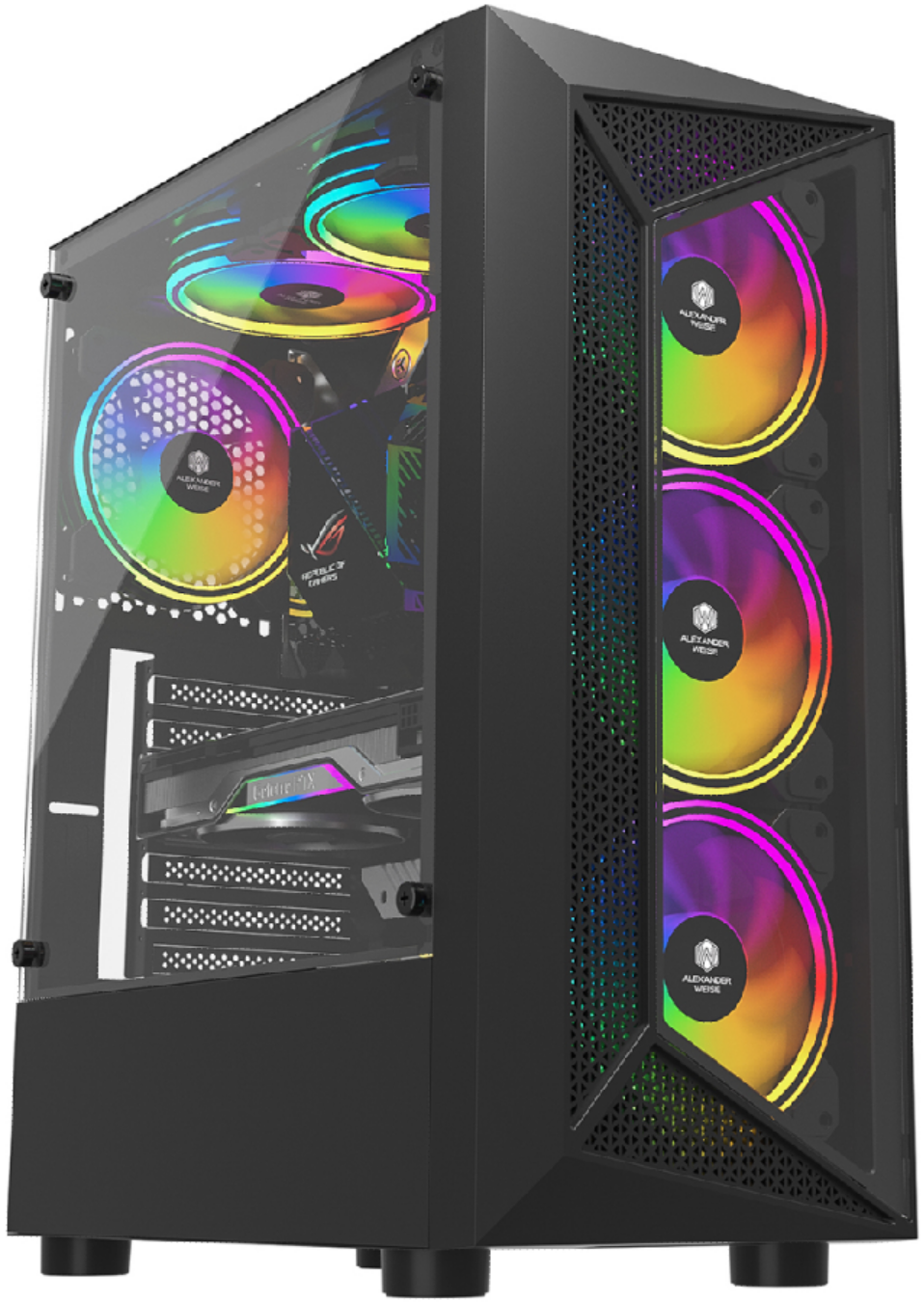 JnP CR30 TG black ATX PC case in a complete low three-quarter view