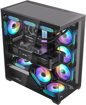 JnP TB02 black panoramic E-ATX PC case in a low three-quarter view