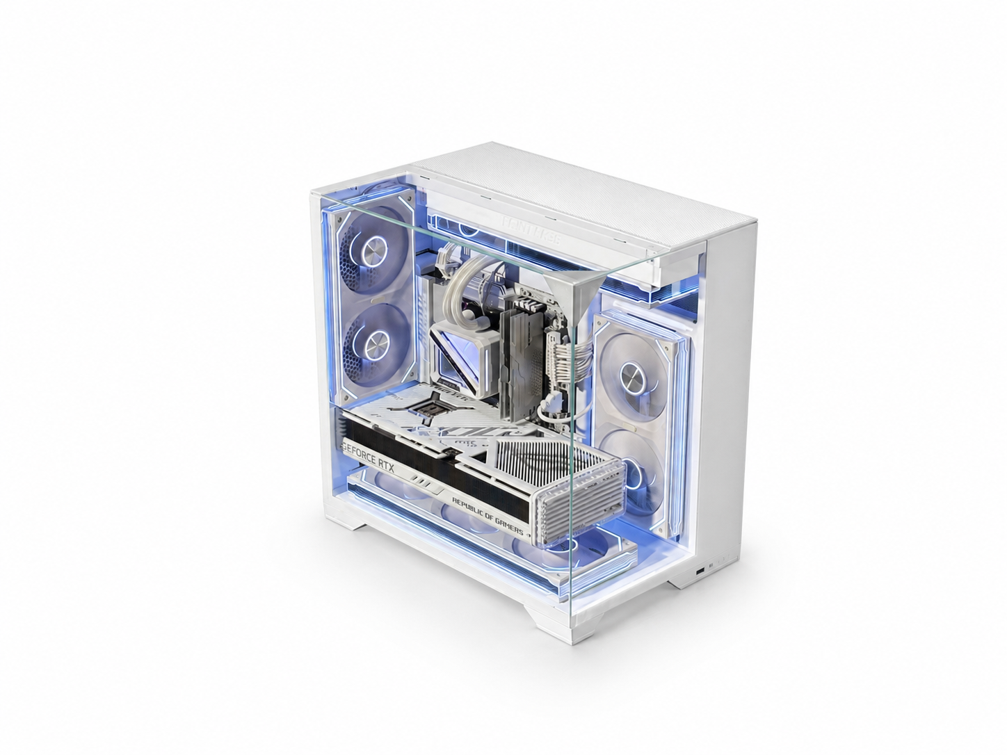 JnP VM01 white panoramic M-ATX PC case in top-front view